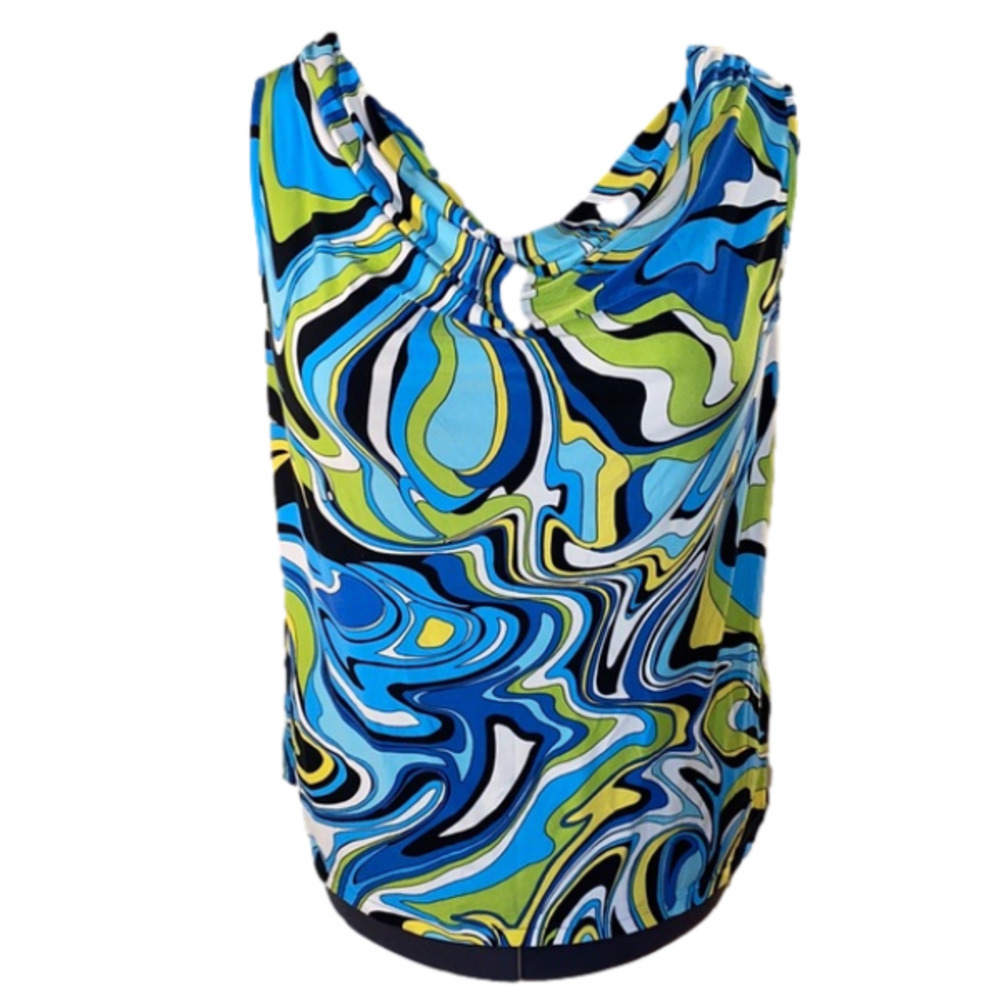 PETER Nygard Women’s Blue Multicoloured  Sleeveless Scoop Neck Top (Size Large)